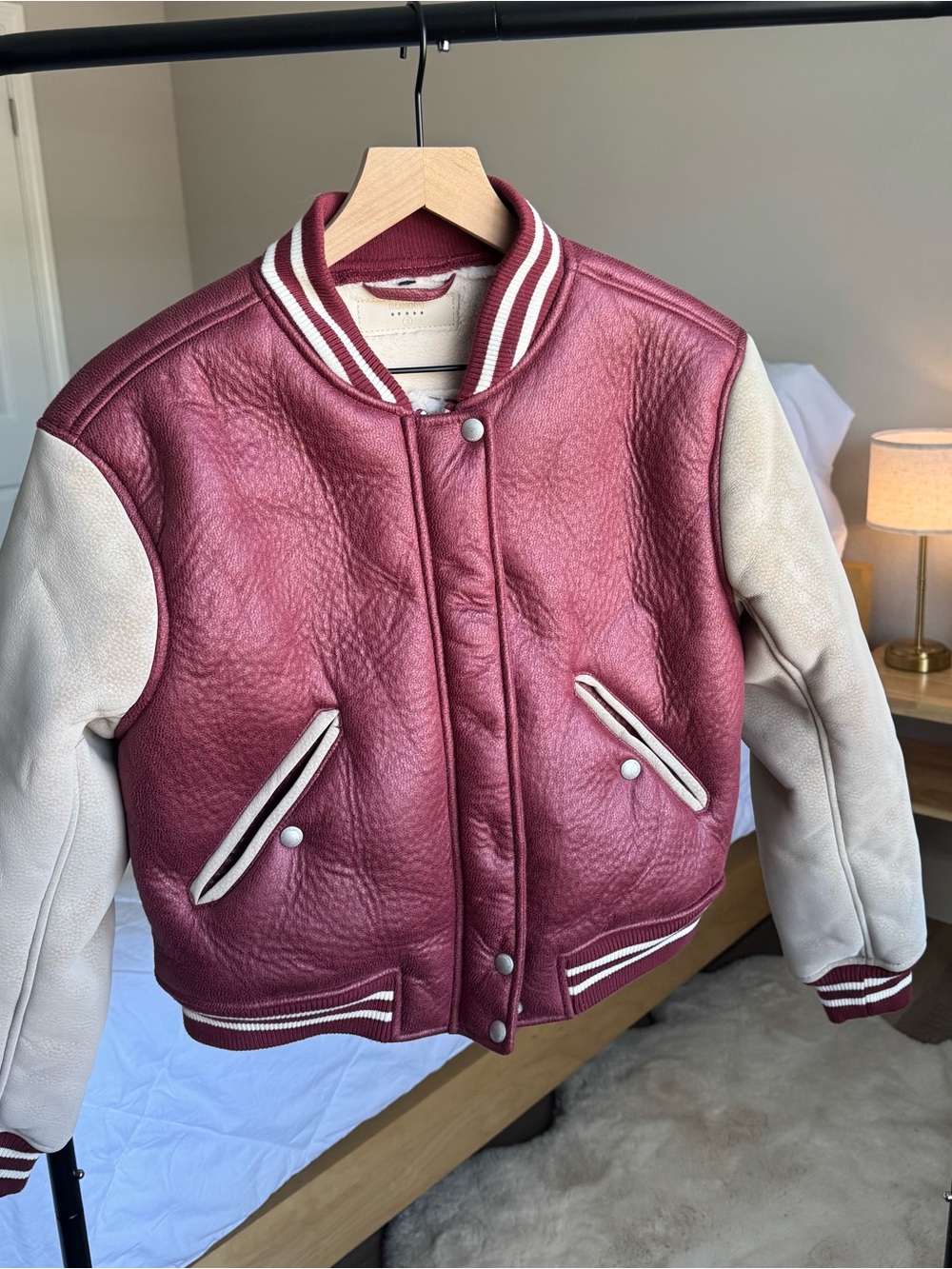 Blank NYC Maroon and Cream Leather Varsity Jacket